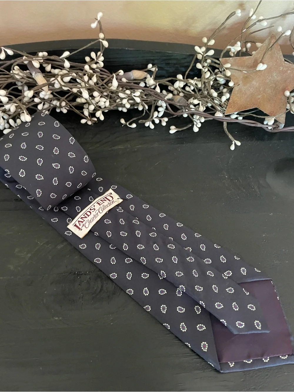 Vintage Lands’ End Charter Classic Navy Men's Necktie with Dot Medallion Pattern